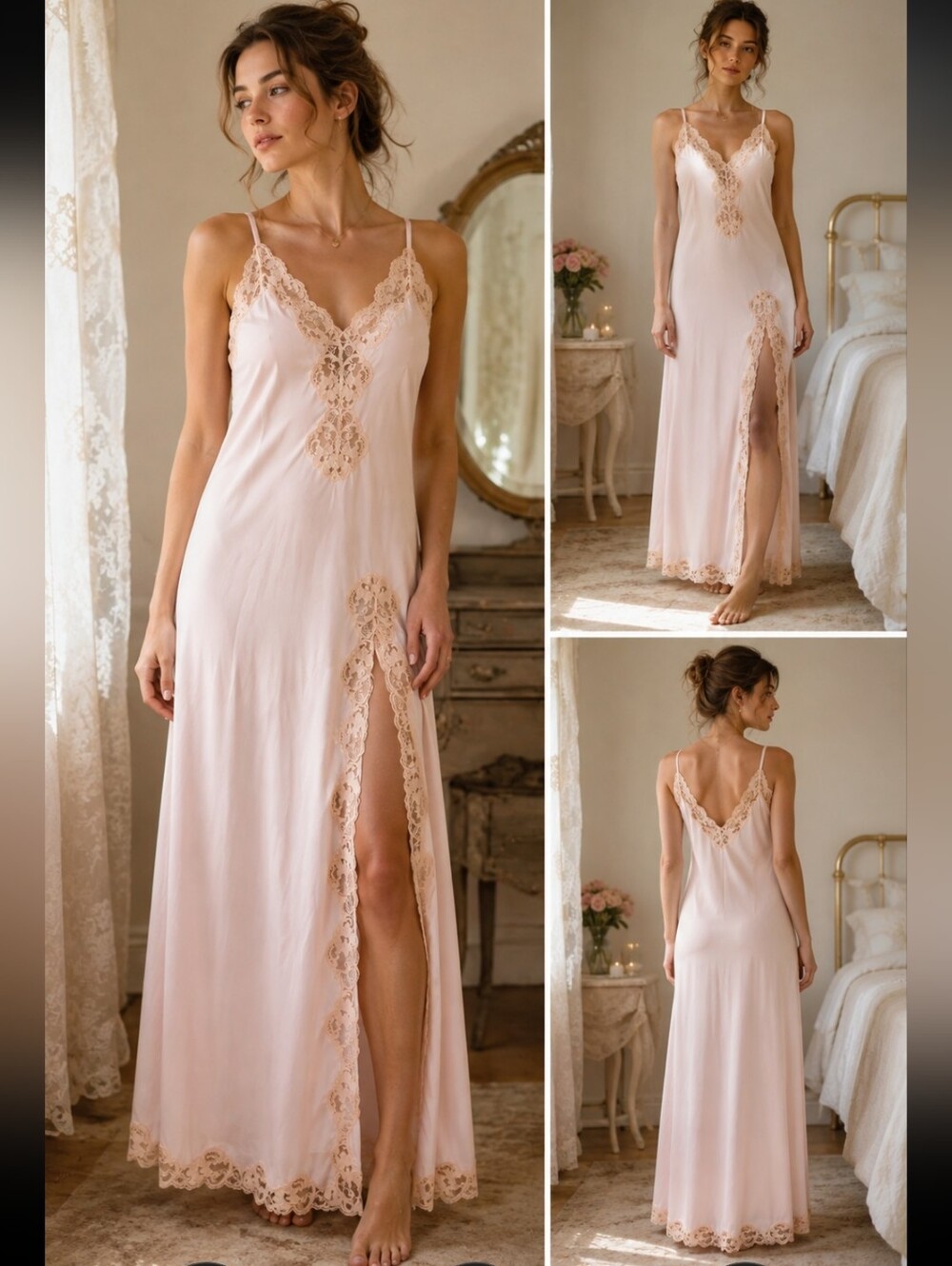 Vintage Leanie Pink Lace Nightgown Slip Dress Romantic Lingerie MEDIUM